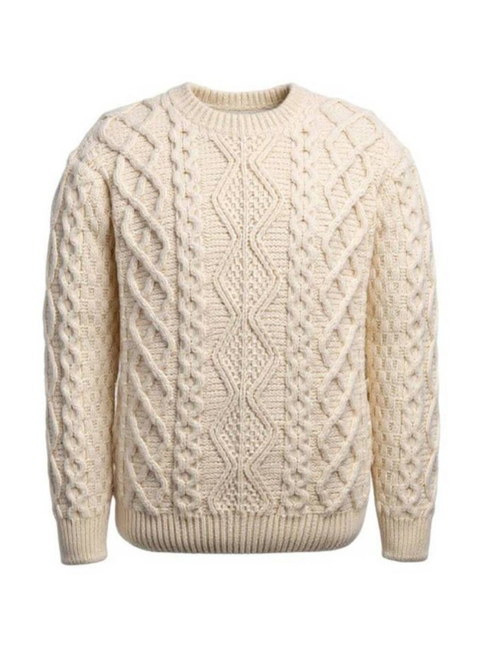 Vintage Pure New Wool Irish Fisherman Cable Knit Aran Crewneck Sweater Large